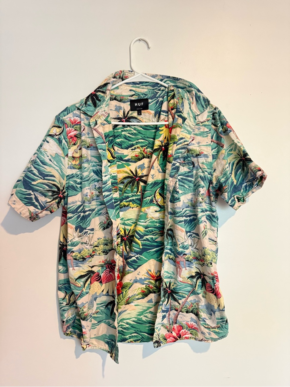 HUF Men's Tropical Print Short-Sleeve Button-Up — Green, Cream, Yellow Accents